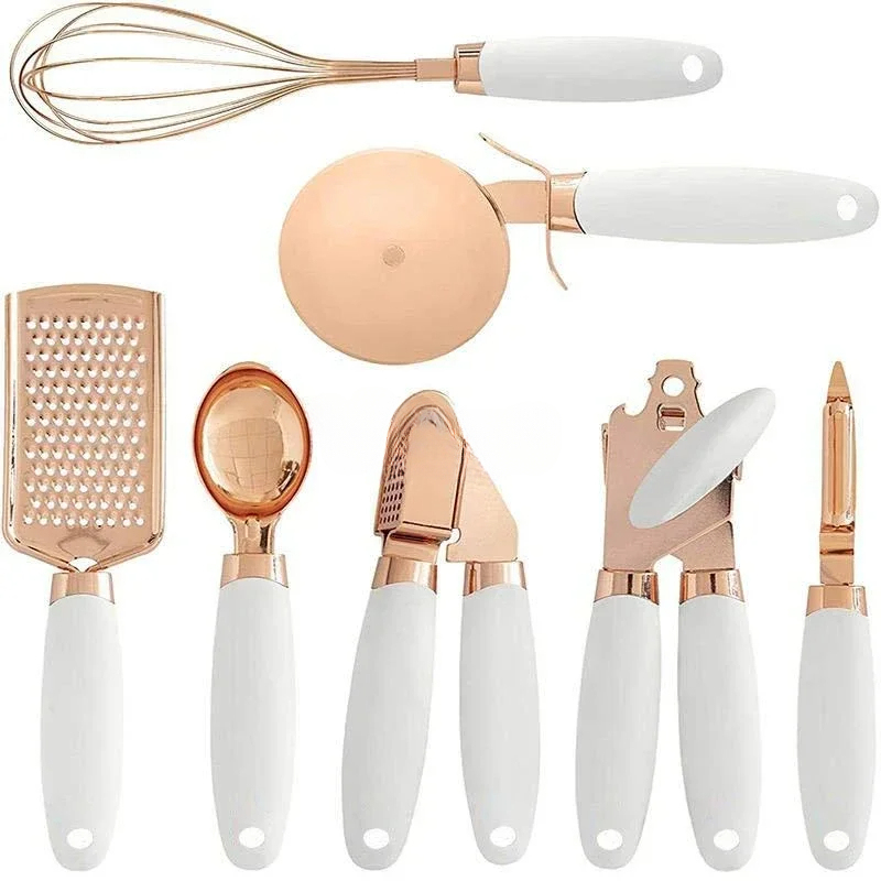 Kitchen Gadgets Gold - 小物ツールアクセサリーガジェットガーリックプレスグレーターキッチン7点セットローズゴールドベーキングウィスク卵泡立て器