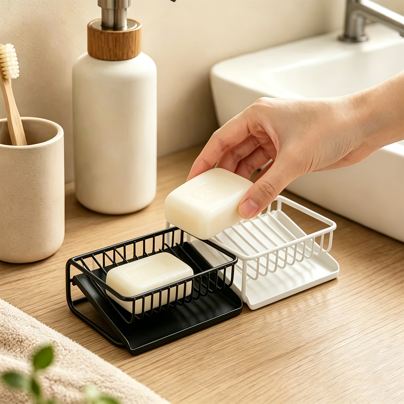Kitchen Gadgets Organizer - 1pc プラスチック製ソープディッシュ ドレントレイ付き 自立式角度付きソープホルダー 中空設計 速乾性