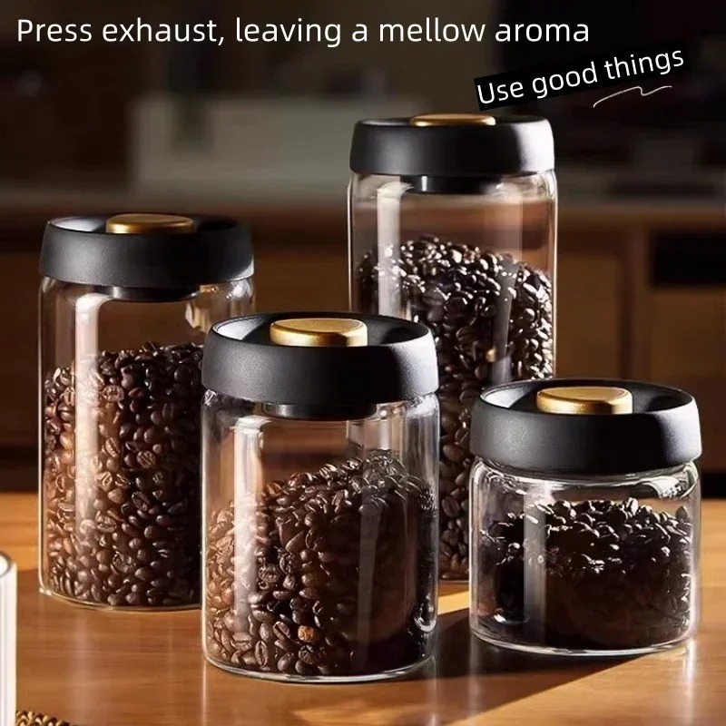 手動真空密閉コーヒージャー 高ホウケイ酸ガラス 防湿茶保存容 - Kitchen Gadgets Organizer のレビューと価格